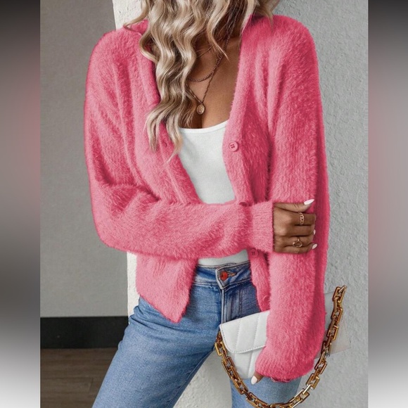 Women's Fuzzy Watermelon Pink Cardigan Sweater